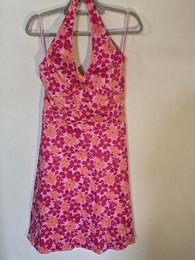 Y2K AGB Pink & Orange Floral Dress 60s 70s Disco Bright Vibe Cotton Size 10